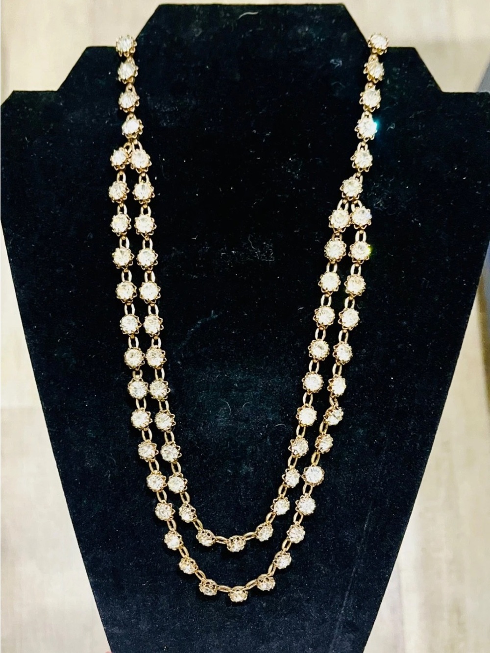 1930s–40s Art Deco Open Back Rhinestone Double Swag Necklace 22” Gilt Brass